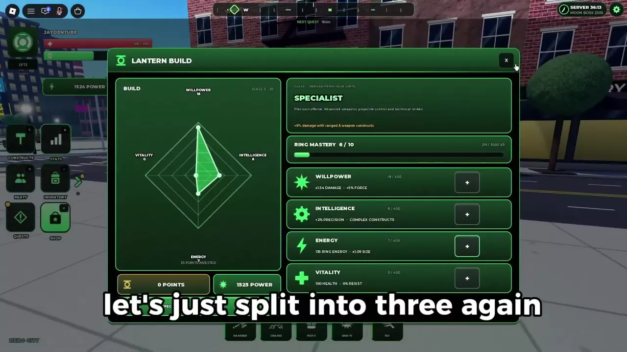 Specialist in Lantern Build with 18 Willpower, 8 Intelligence, 7 Energy, and 0 Vitality.