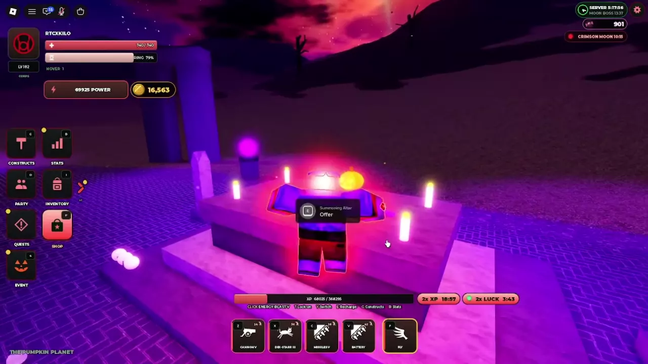 Candlelit Summoning Altar with the E Offer prompt on Pumpkin Planet.