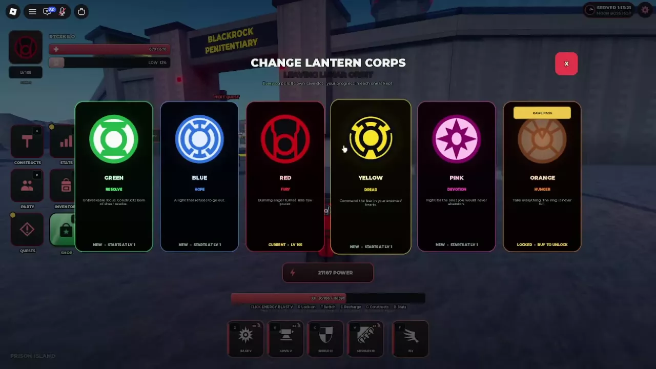 Change Lantern Corps menu showing Red as current, four new level-1 saves, and Orange locked behind a game pass.