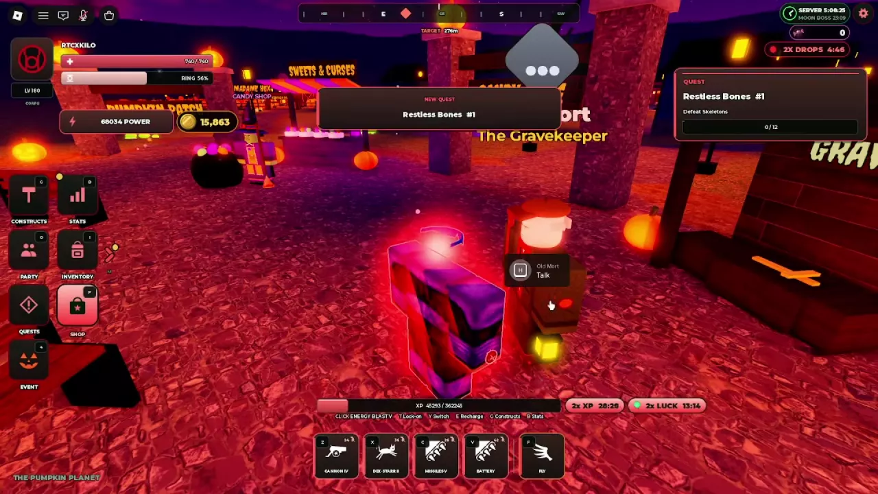 Old Mort near Madame Hex and the Sweets & Curses stall on Pumpkin Planet.