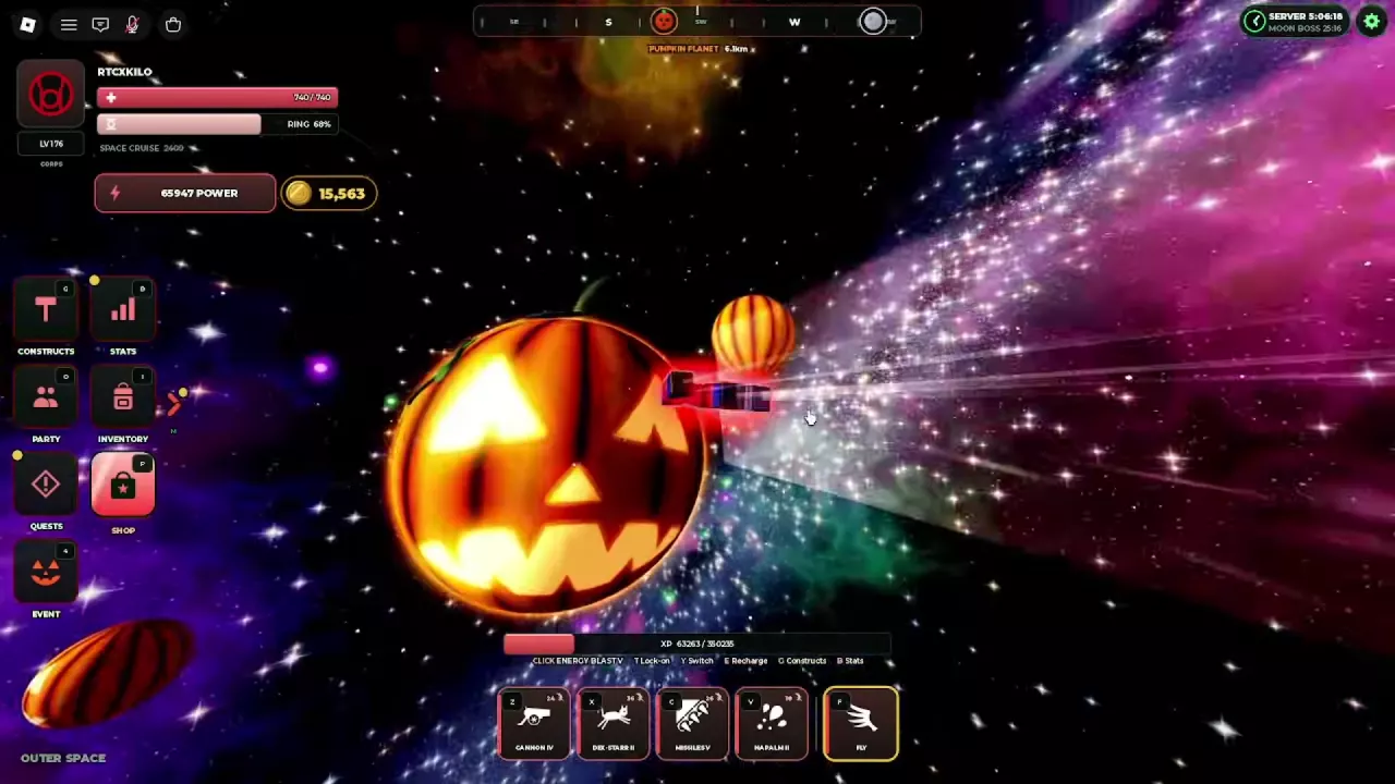 Flying toward a giant glowing jack-o&rsquo;-lantern with the Pumpkin Planet compass marker overhead.