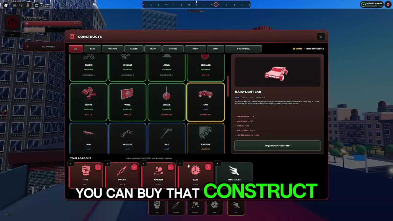 Hard-Light Car selected in the Constructs menu, with its unlock requirements and four loadout slots visible.