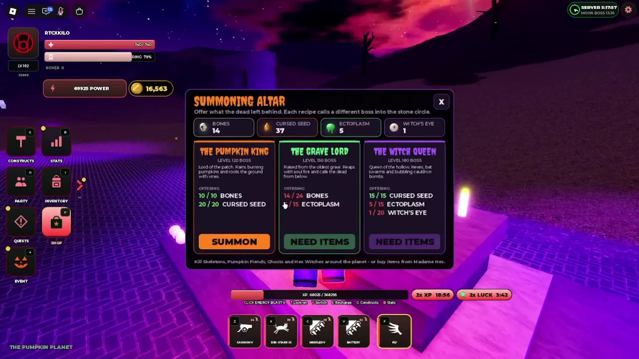Summoning menu with three boss recipes, offering balances, and SUMMON or NEED ITEMS buttons.