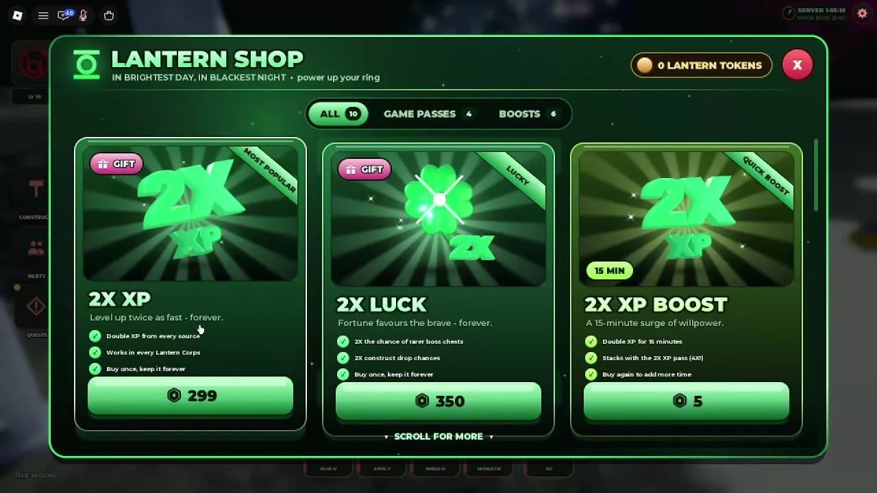 Lantern Shop showing permanent XP and Luck passes beside a timed XP boost with its 4x stacking rule.