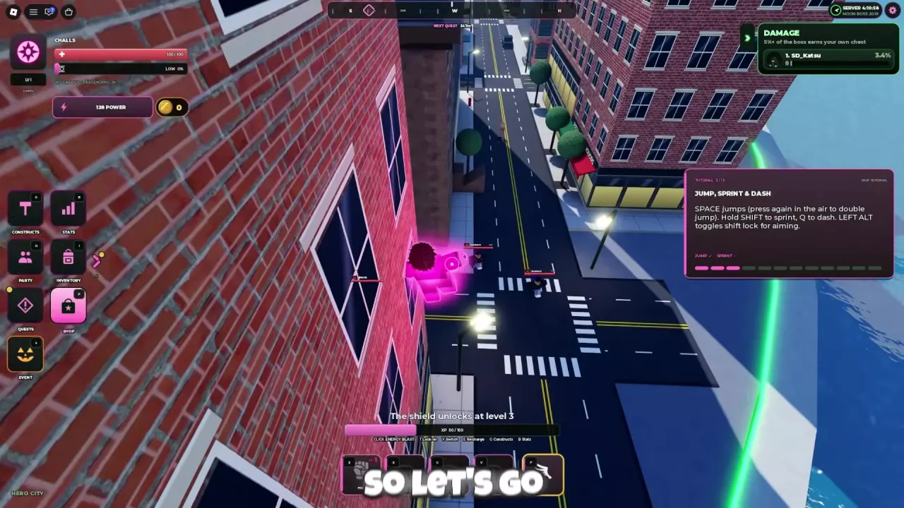 Tutorial step 3/12 with double jump, sprint, dash and Shift Lock instructions.