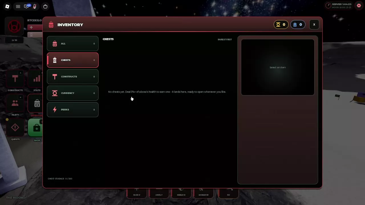 Inventory with Chests selected and the boss damage requirement displayed in the empty storage area.