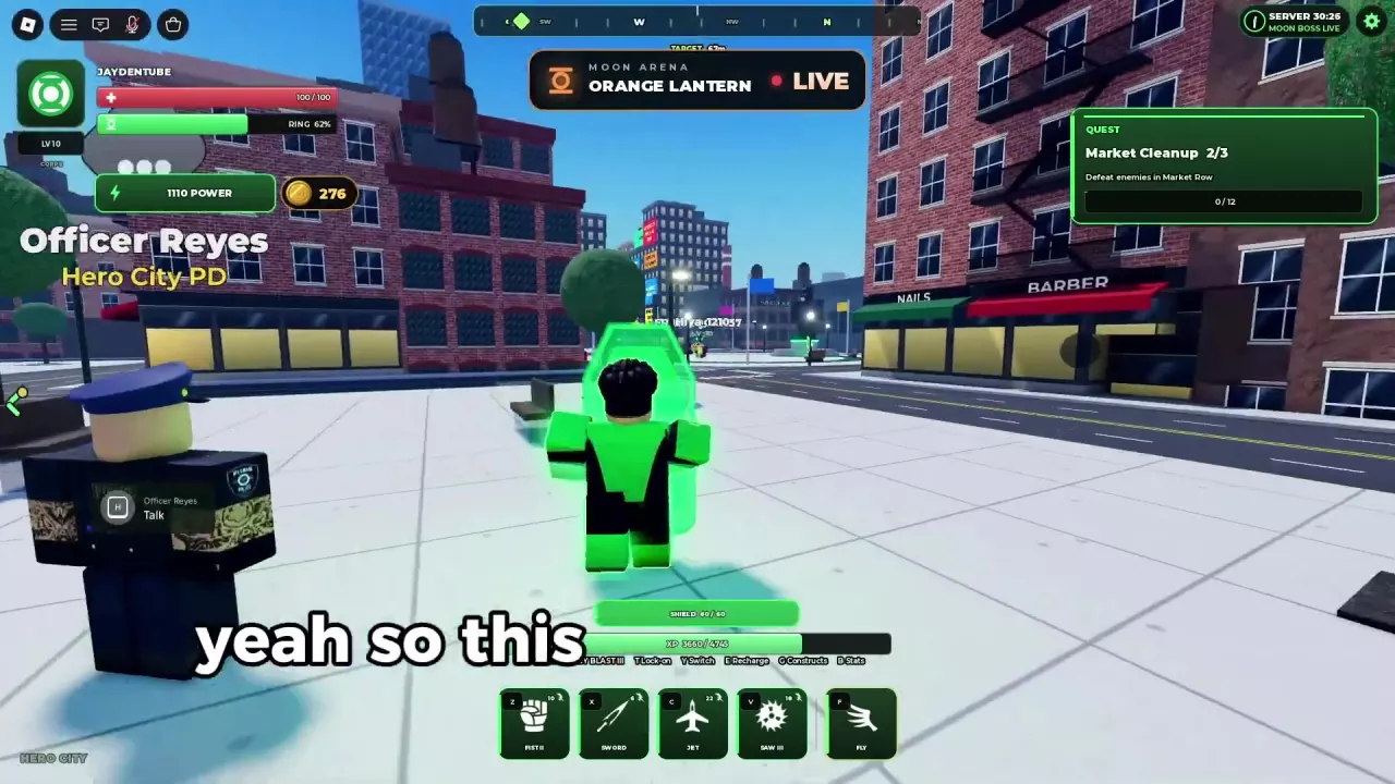 Orange Lantern LIVE banner and Moon Boss LIVE indicator visible from Hero City.