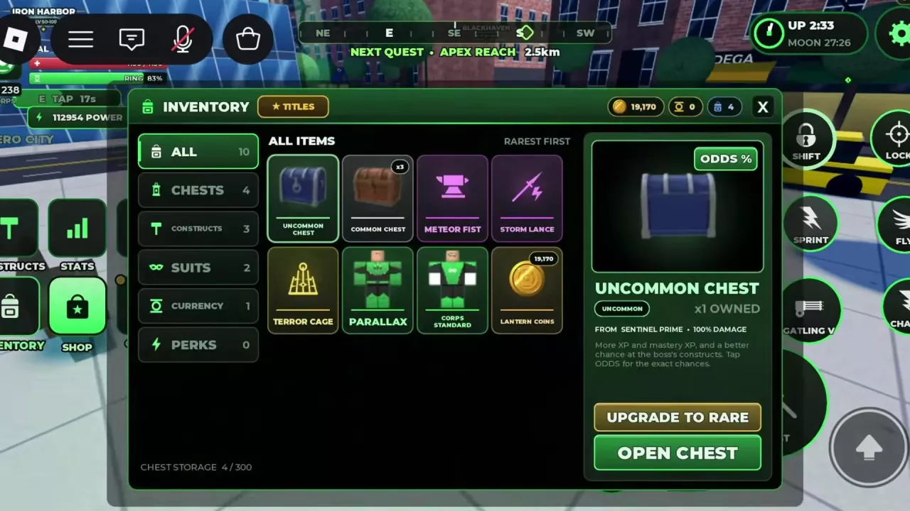 Inventory with an Uncommon Chest selected and Odds %, Upgrade to Rare, and Open Chest buttons visible.