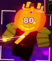 The Pumpkin King with a crowned orange pumpkin head, bulky shoulder armor, and a dark robe.