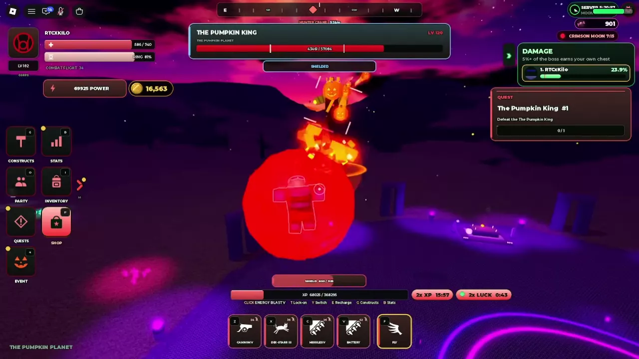 A flying Red Lantern blocks Pumpkin King's projectiles inside a spherical shield.