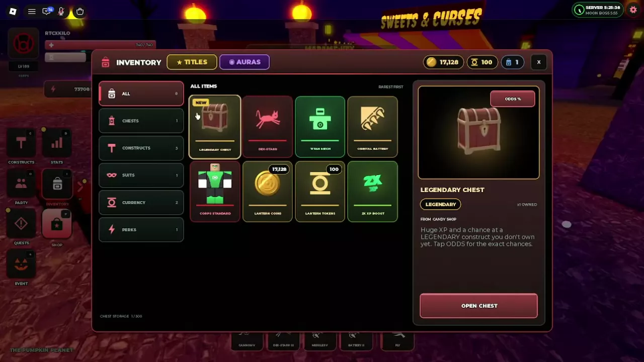 Legendary Chest selected in Inventory, with ODDS % and OPEN CHEST buttons on the right.