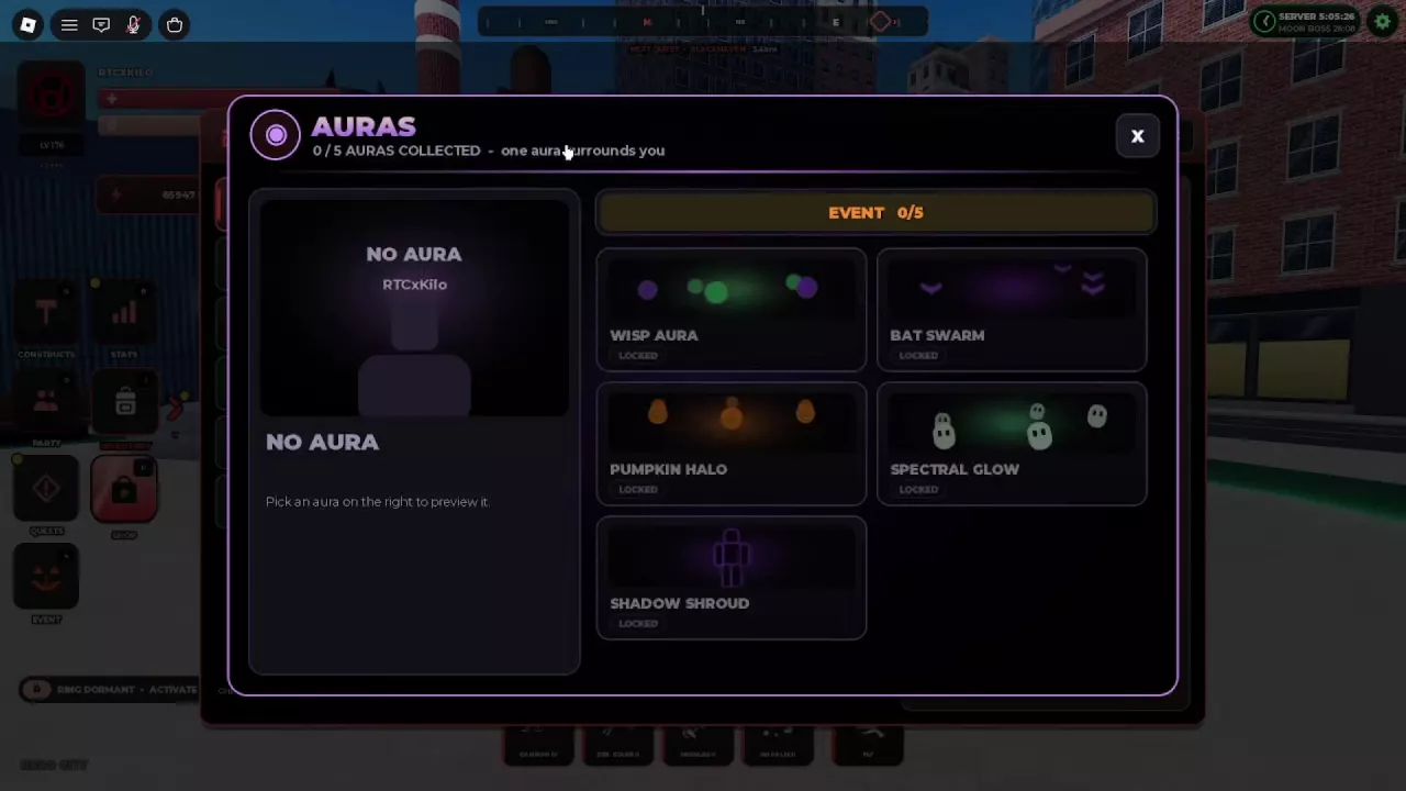 Lanterns Auras menu with a preview panel on the left and five Halloween aura cards on the right.