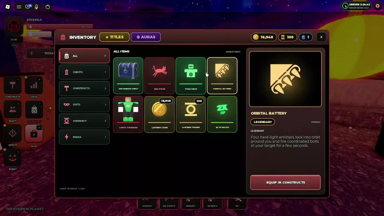 Inventory with the PERKS category on the left and a green 2x XP Boost card in the item grid.
