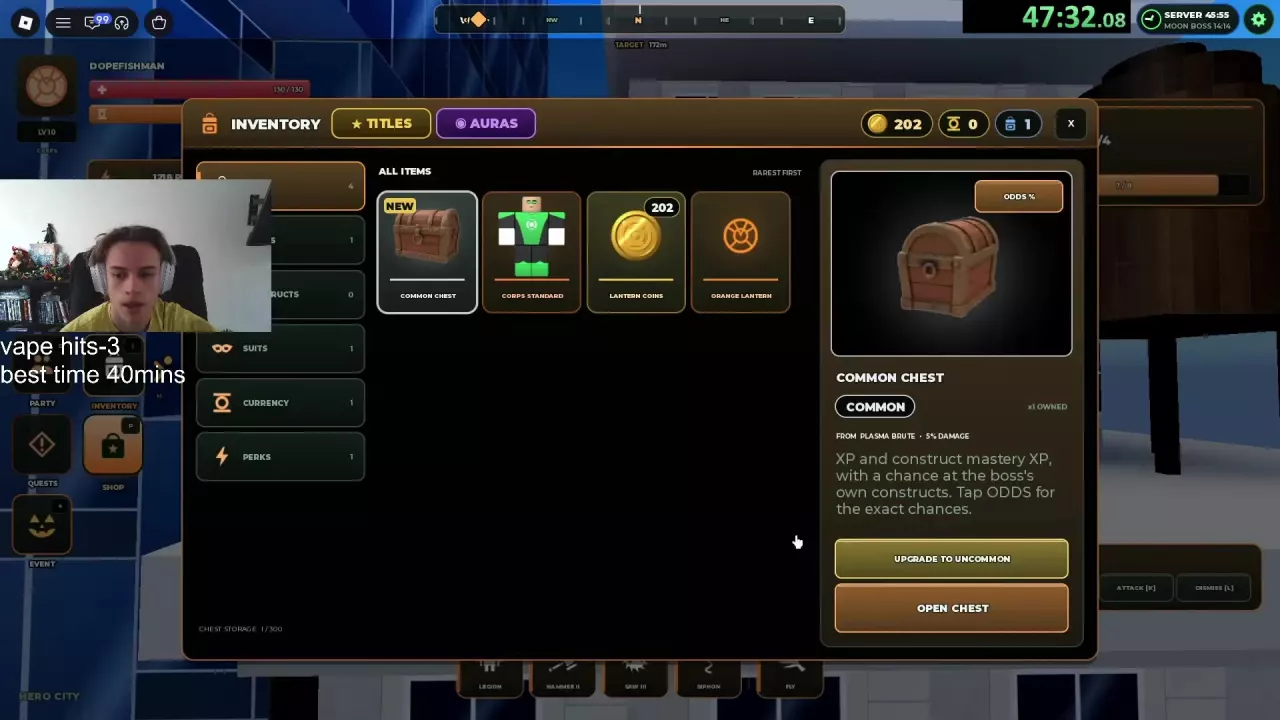 Plasma Brute Common Chest selected in Inventory with Odds %, Upgrade to Uncommon, and Open Chest buttons.