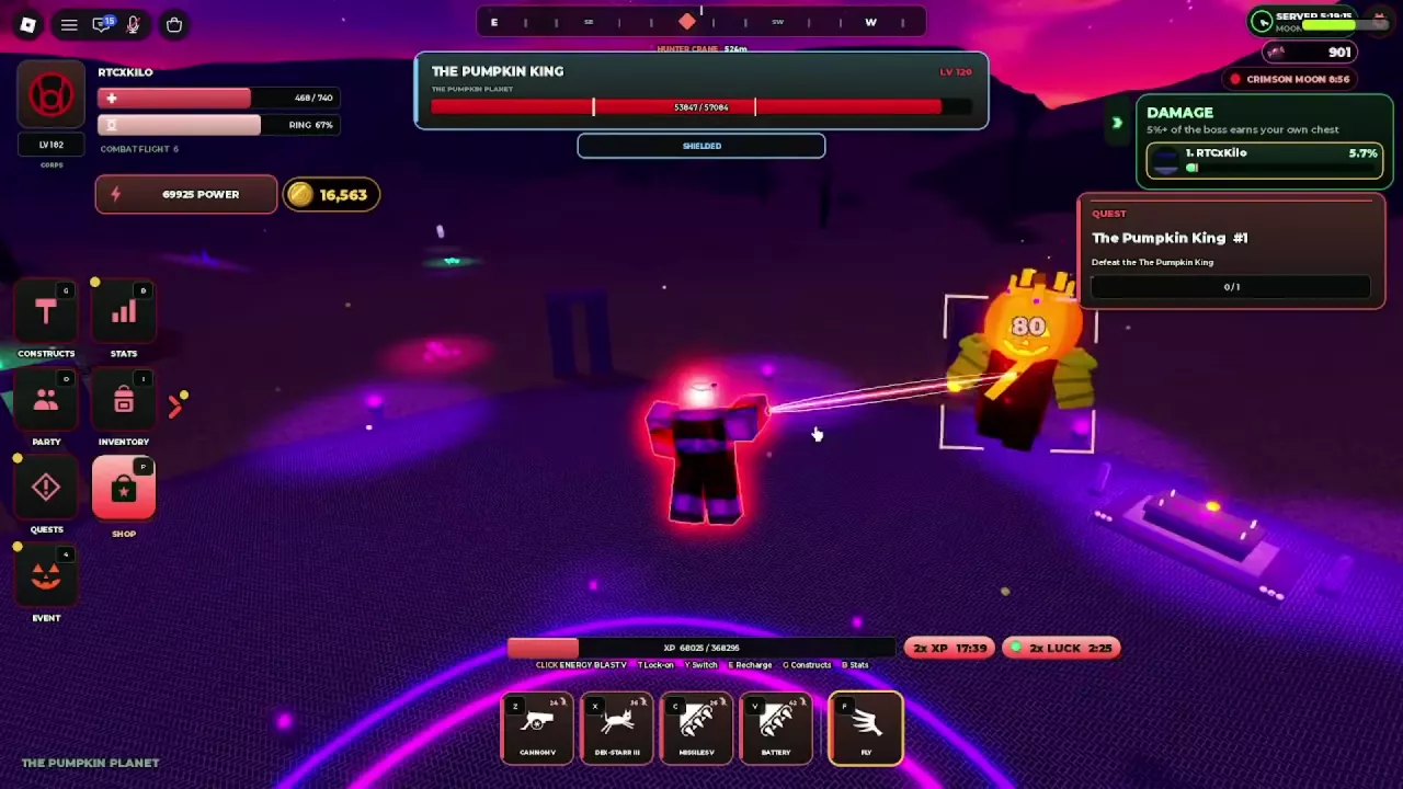 Pumpkin King fight with total boss health and the personal contribution DAMAGE panel visible.