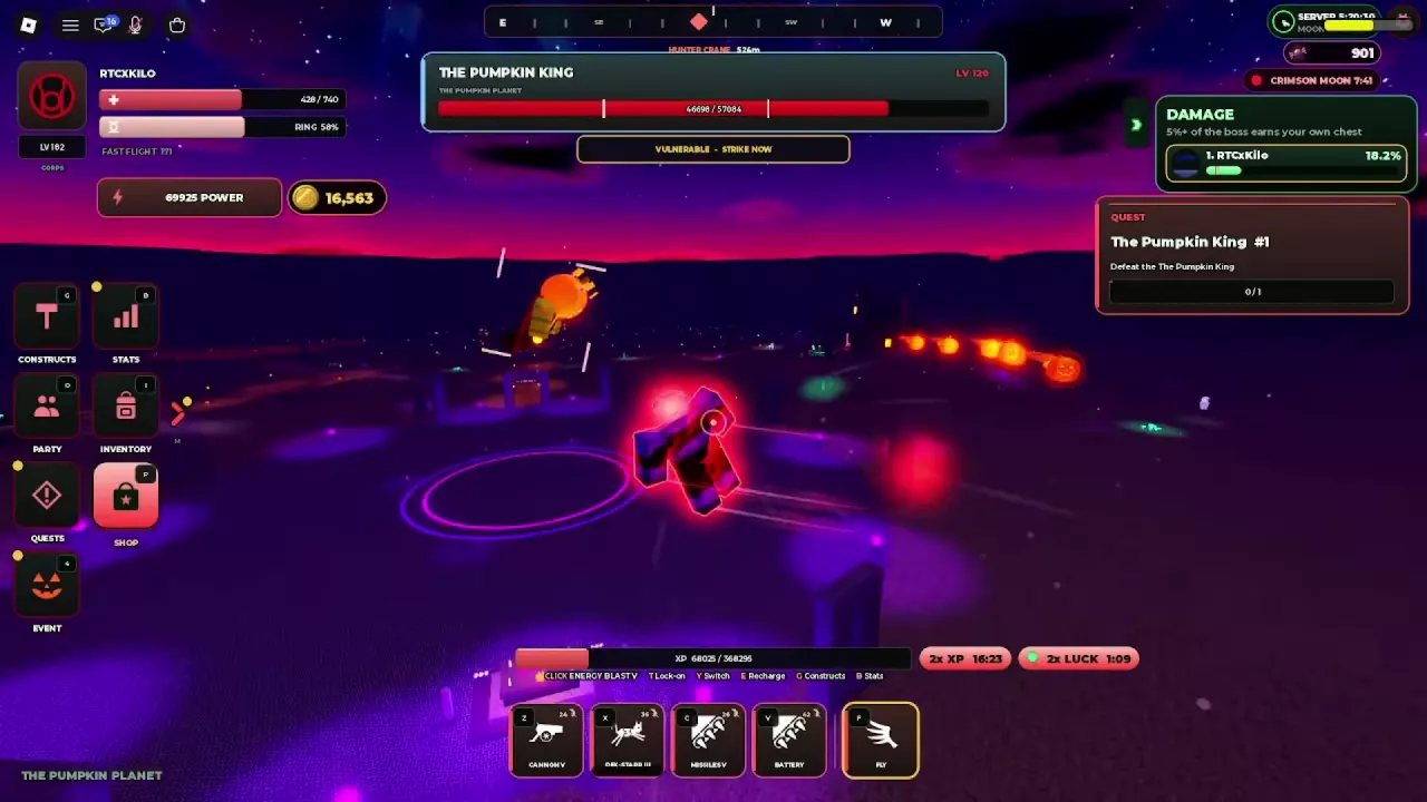 Pumpkin King&rsquo;s VULNERABLE &middot; STRIKE NOW status beneath the boss health bar during aerial combat.