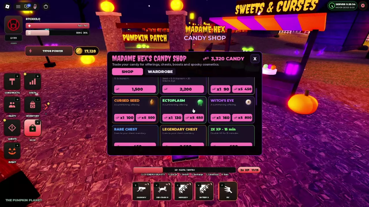 Madame Hex&rsquo;s Candy Shop showing single-item and five-item offering prices.