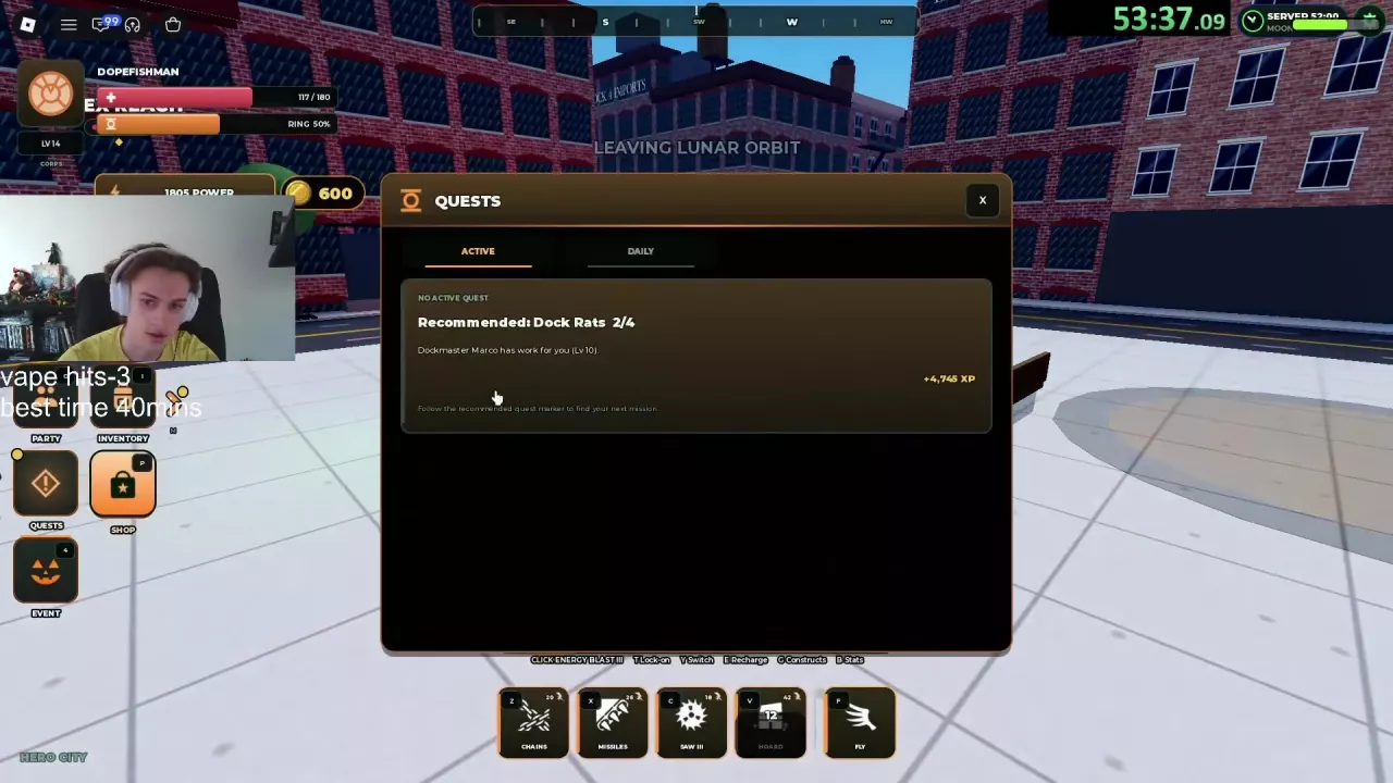 Quests menu showing No Active Quest and the Dock Rats 2/4 recommendation with Lv10 and 4,745 XP.