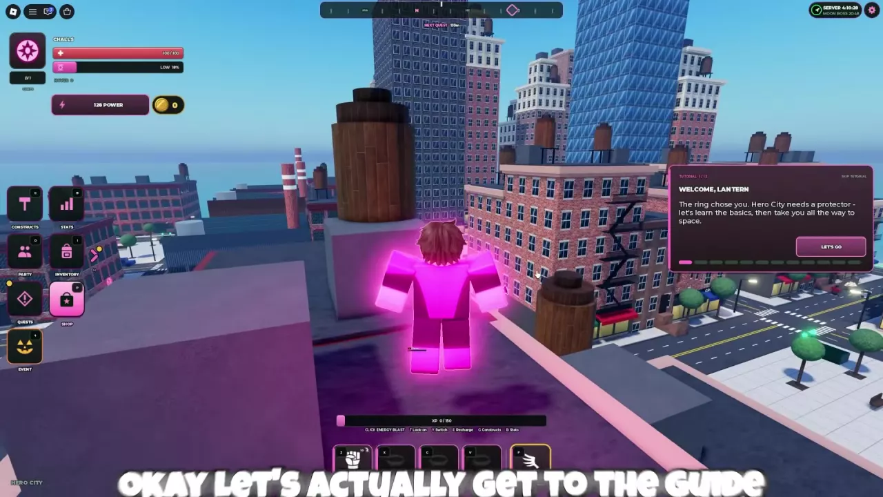 Hero City welcome panel with LET&rsquo;S GO and SKIP TUTORIAL options.