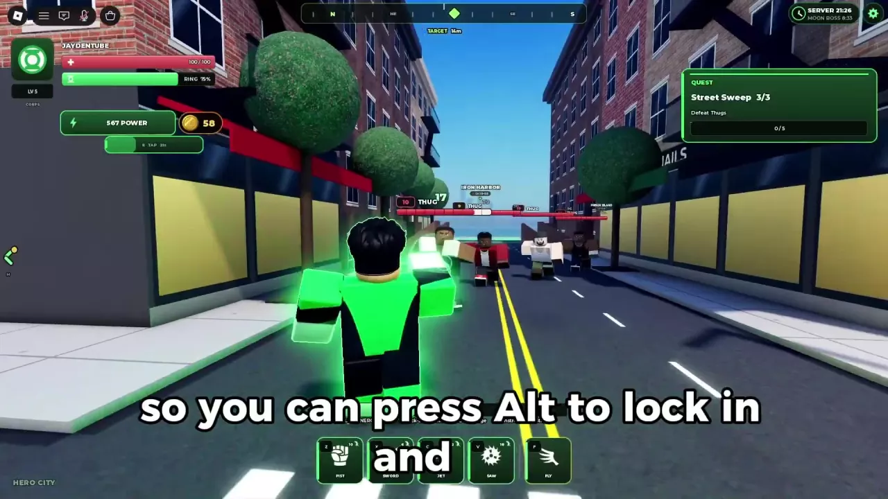 Several Thugs pursuing a green ring wielder along a Hero City street.