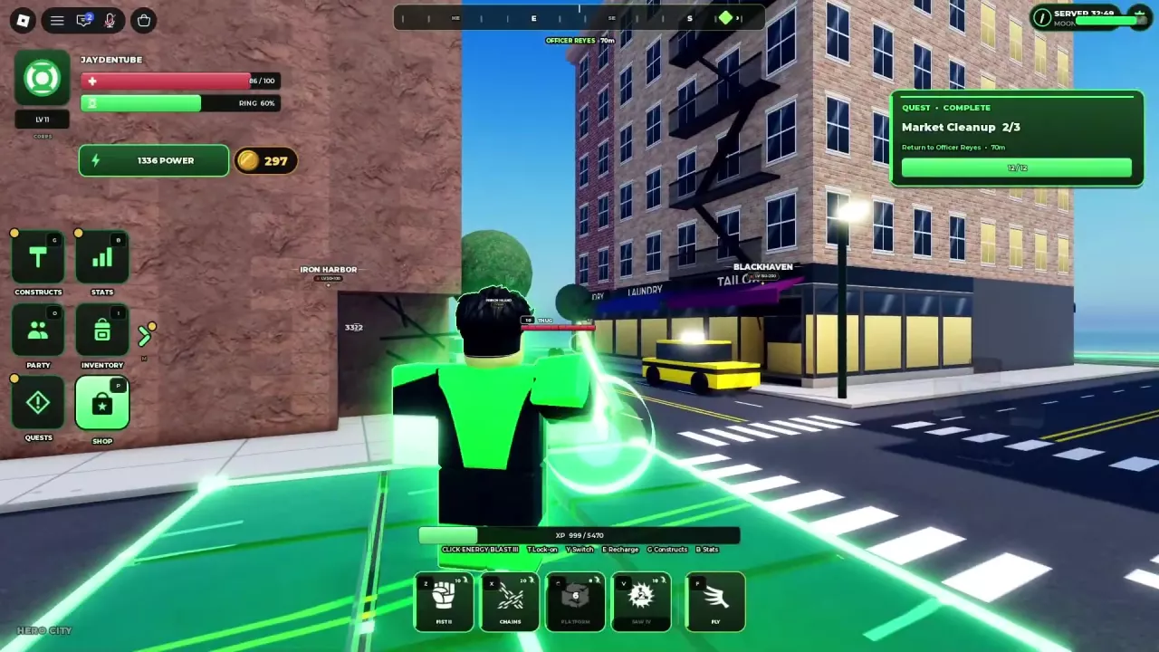 Green-ring character standing on a glowing Platform above a city street.