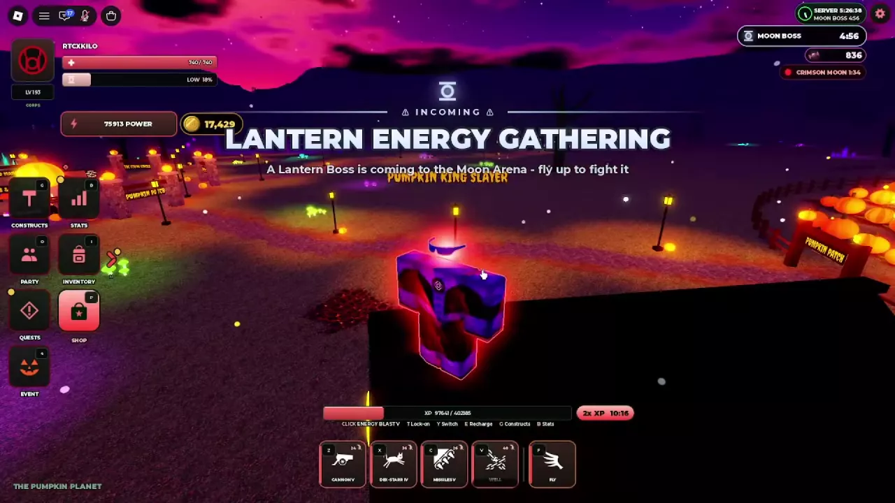 Lantern Energy Gathering announcement directing players to Moon Arena, with the Moon Boss countdown at the upper right.