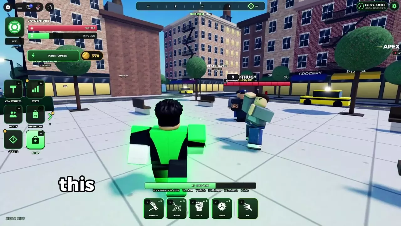 Back at Hero City's plaza, the Market Cleanup tracker is gone and navigation points to NEXT QUEST.