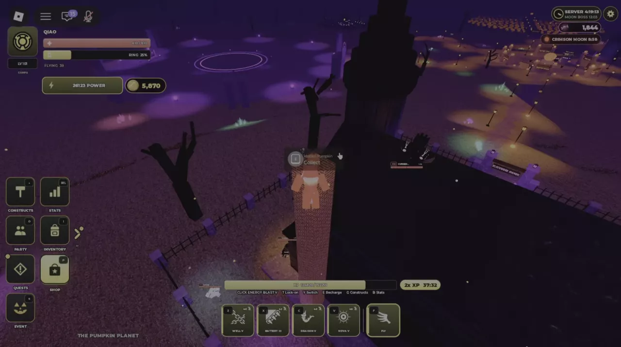 Hidden Pumpkin Collect prompt at the top of Blackwood Manor’s brick chimney.