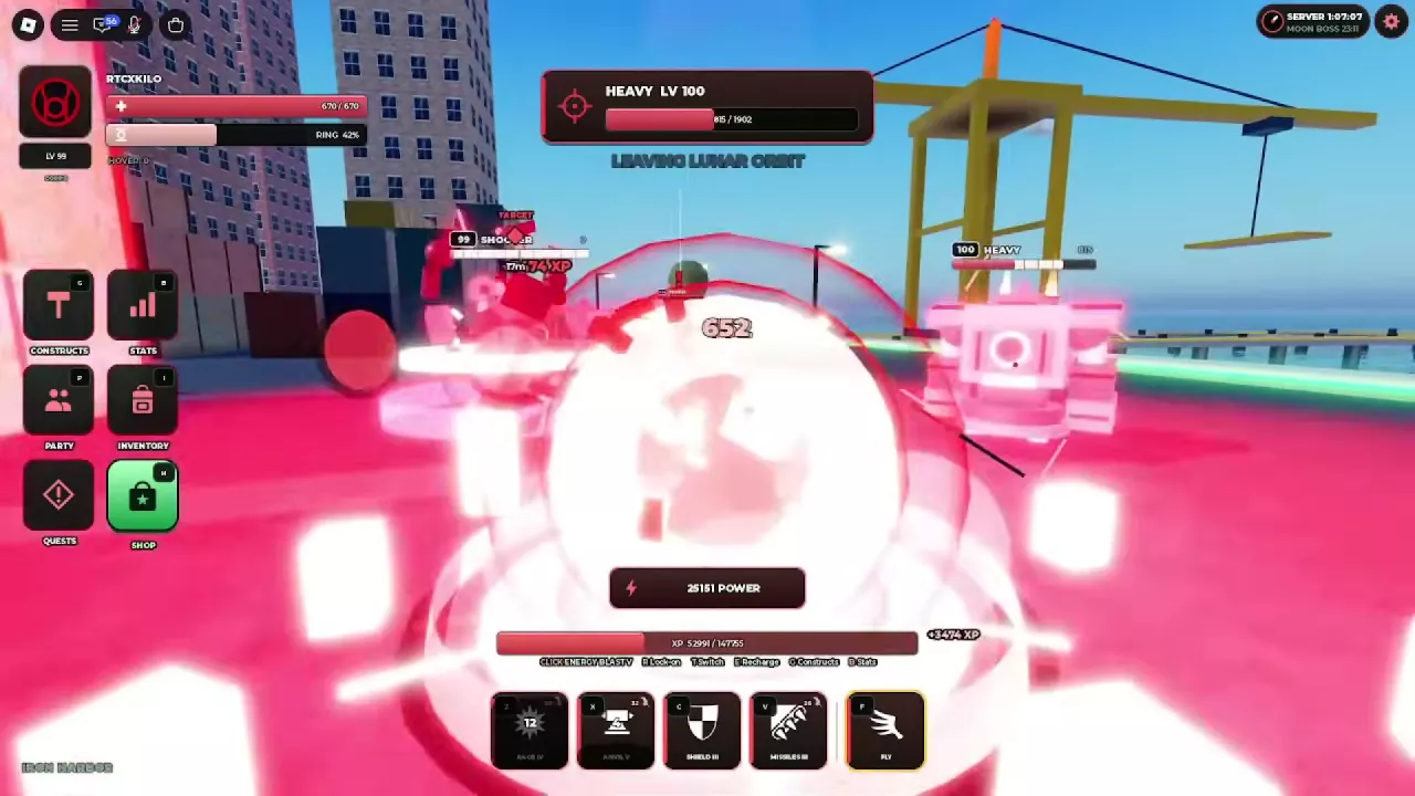 Shooter and Heavy robots surrounding a protective red sphere at Iron Harbor.