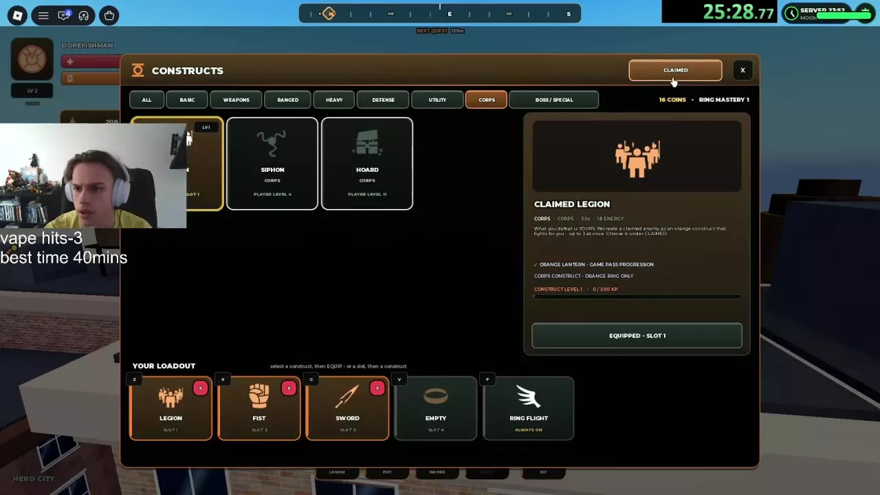 Constructs menu with the CLAIMED button at the upper right and Legion equipped in slot 1.