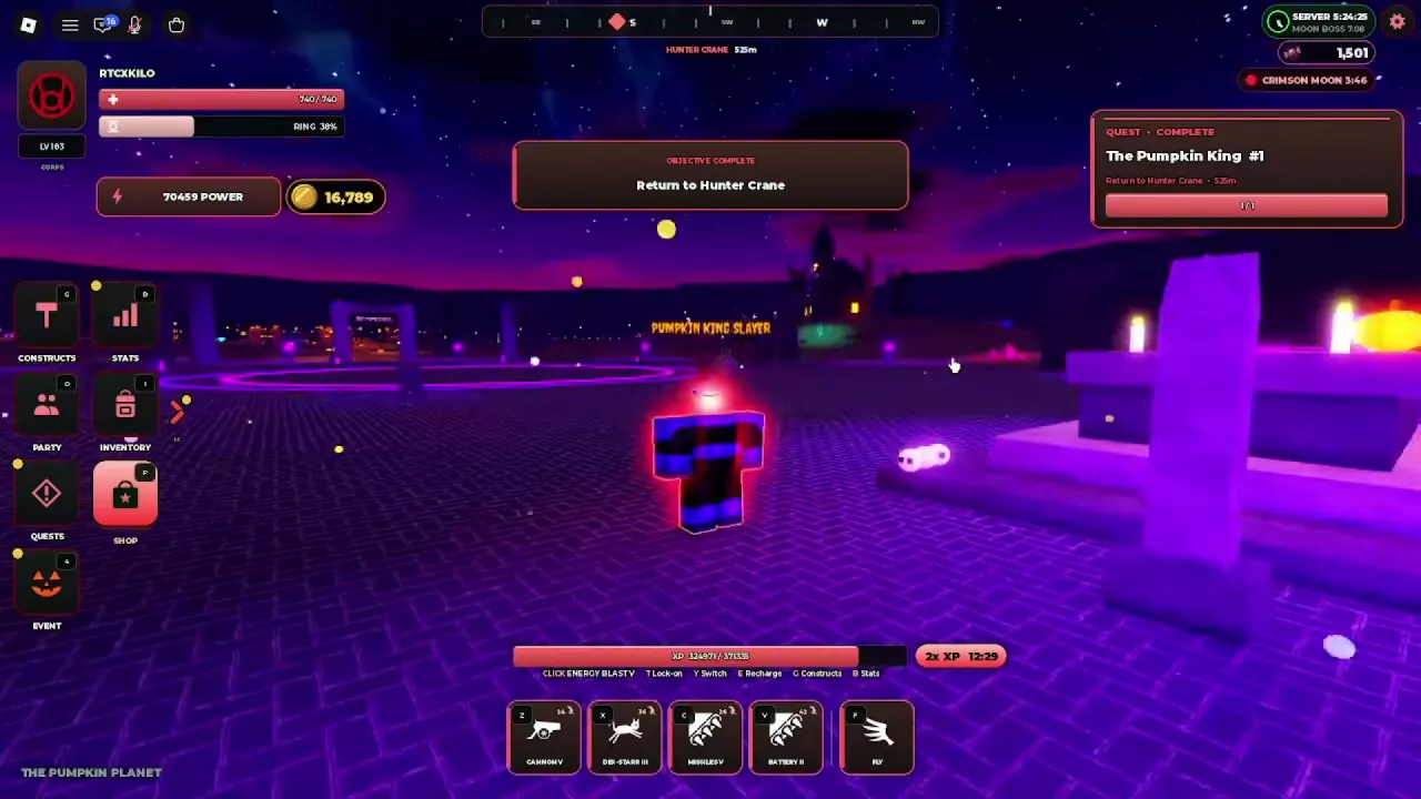 Pumpkin King Slayer displayed above the character while the quest prompts a return to Hunter Crane.