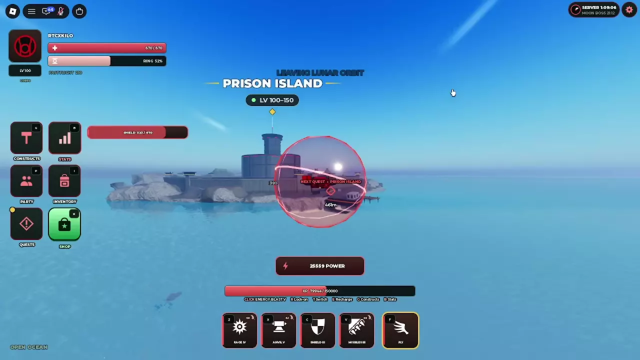 Prison Island across the sea with its level 100&ndash;150 sign and NEXT QUEST marker.