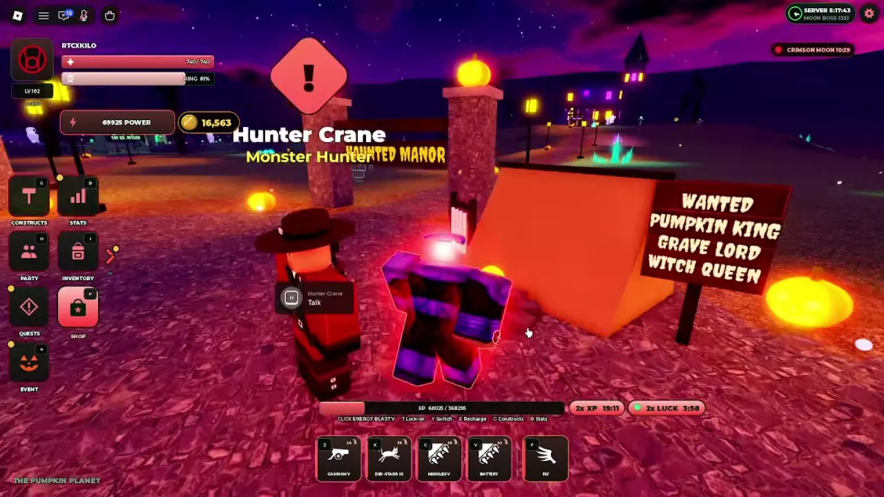 Hunter Crane beside an orange tent and wanted board near the Haunted Manor sign.