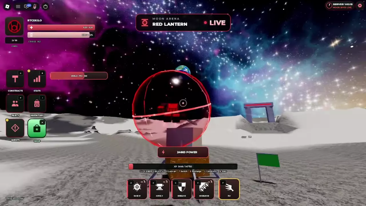 A player hovering above the gray lunar surface beneath a star-filled sky.