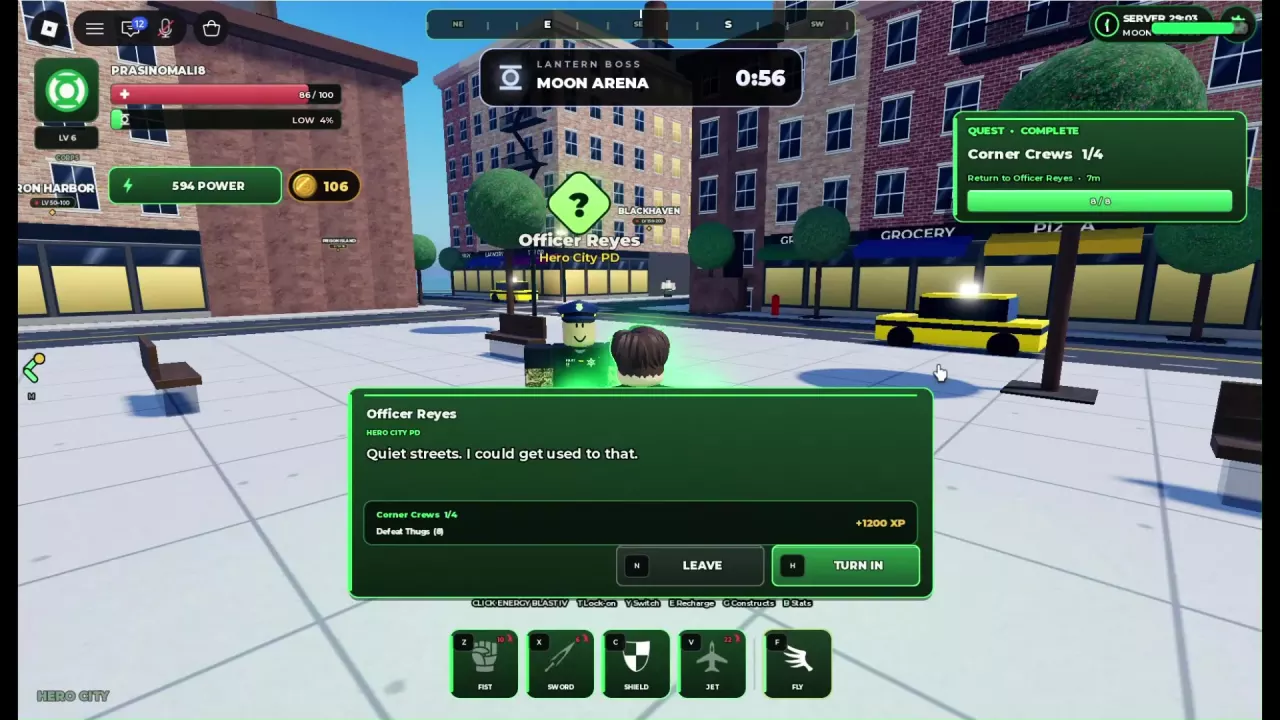 Corner Crews 1/4 at 8/8 with Reyes's TURN IN option and 1,200 XP displayed.
