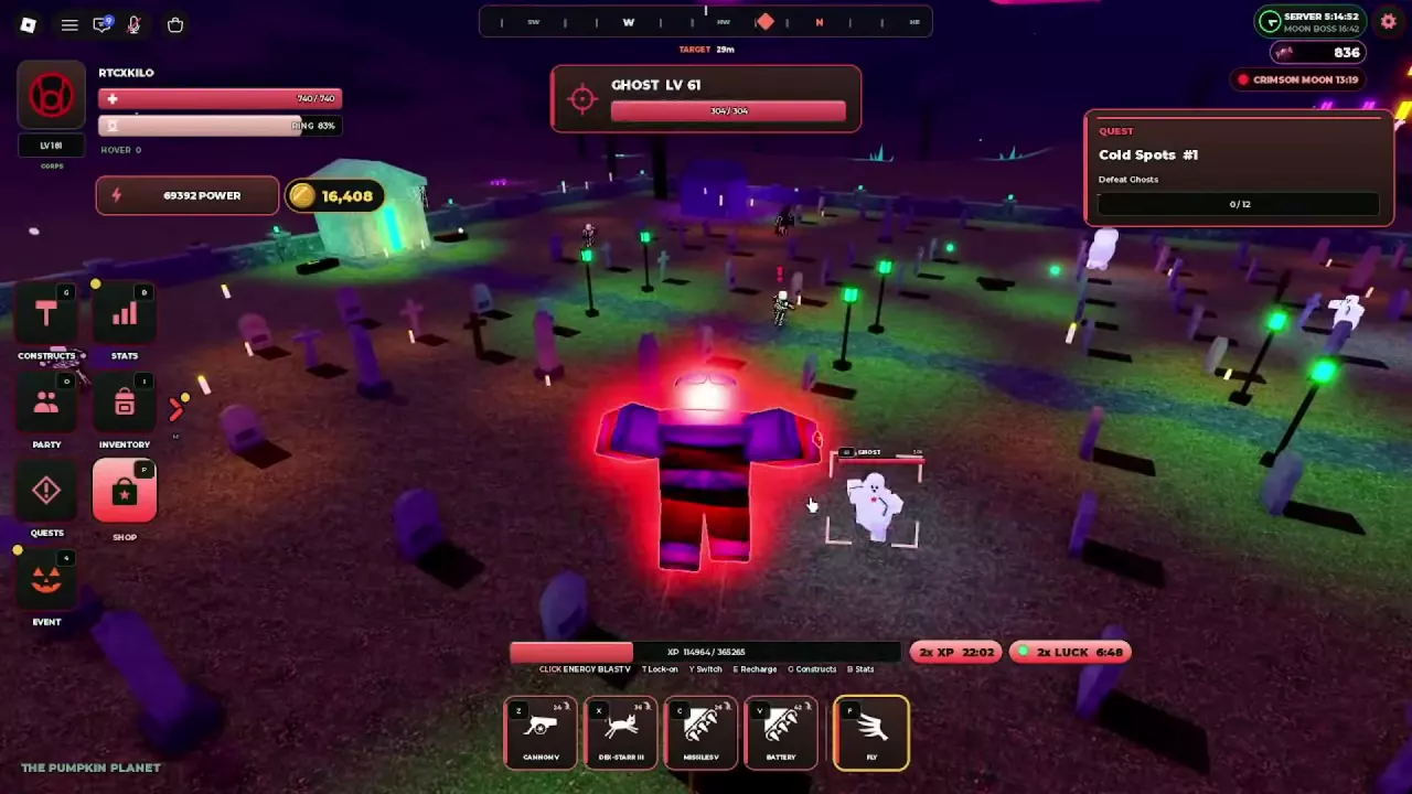A Ghost targeted among tombstones and green lamps with Cold Spots active.