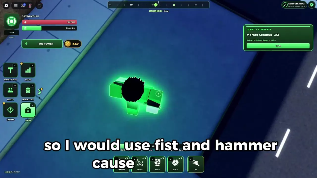 Green Lantern hotbar with Hammer on Z, Chains on X, Fist II on C, and Saw IV on V.
