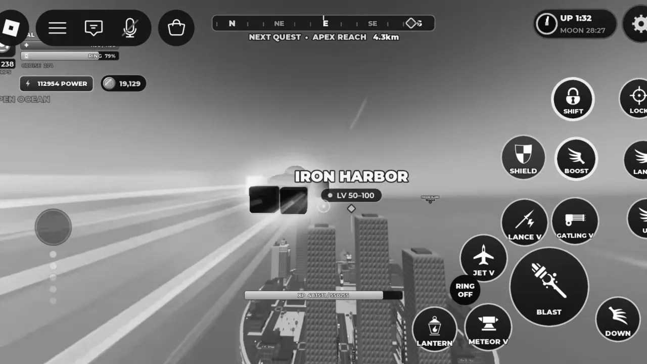 Iron Harbor's destination marker above the city skyline, with NEXT QUEST pointing to Apex Reach.