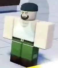 Thug wearing a black beanie, white sleeveless shirt and green trousers.