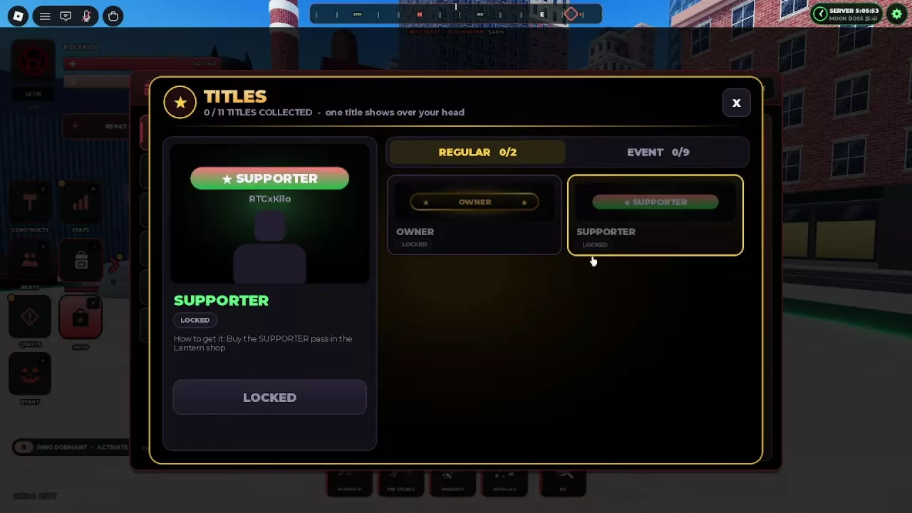 Titles menu with Regular and Event tabs, title cards on the right and the Supporter preview on the left.