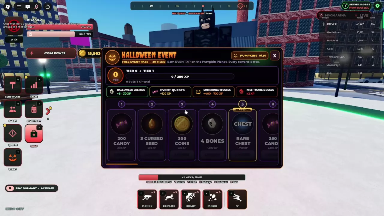 Halloween Event pass showing the first six rewards, cumulative XP thresholds, and event XP sources.