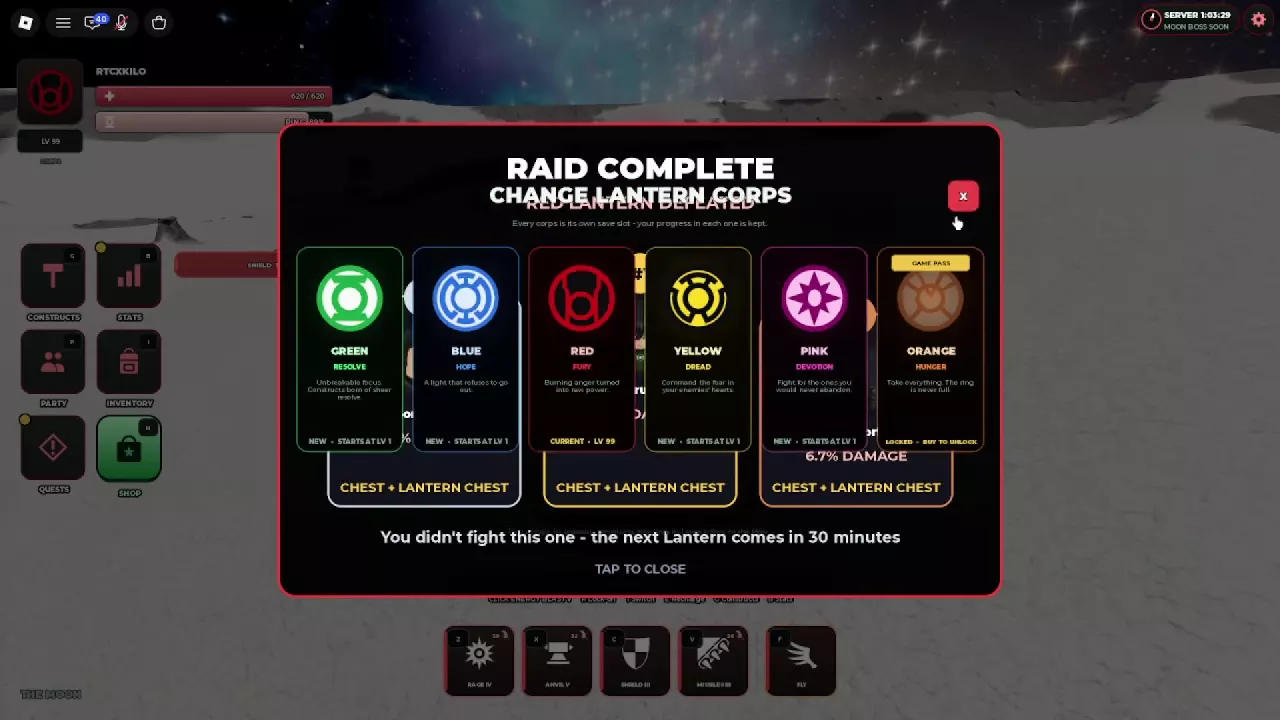 Raid completion message stating the player did not fight, with chest rewards listed beneath ranked players.