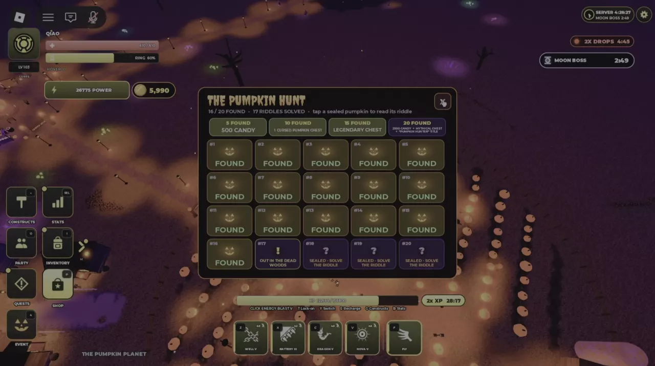 Pumpkin Hunt menu with 16 of 20 pumpkins found, 17 riddles solved and an uncollected Woods clue.
