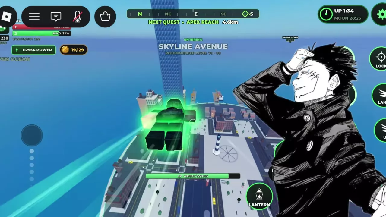 Flying into Skyline Avenue above Iron Harbor&rsquo;s striped lighthouse and waterfront.