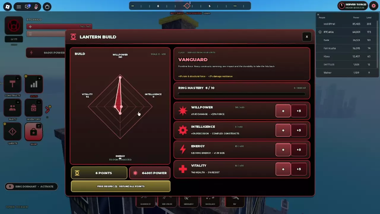 Lantern Build showing Vanguard&rsquo;s force and damage resistance bonuses beside its attribute allocation.