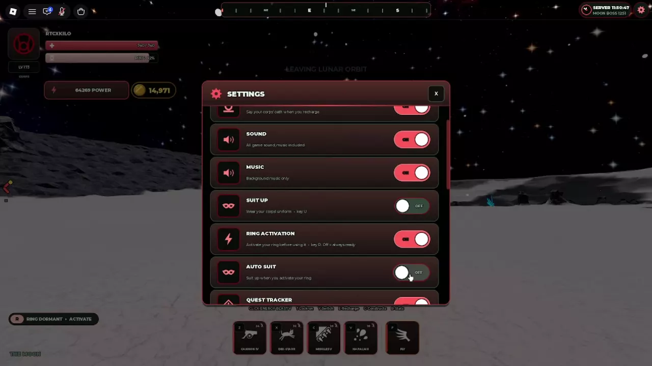 Settings panel showing Auto Suit off, Ring Activation on, and separate sound and music controls.
