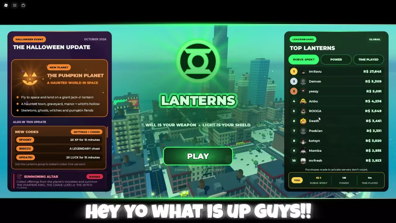 Lanterns home screen with the Top Lanterns panel and ROBUX SPENT, POWER, and TIME PLAYED tabs on the right.