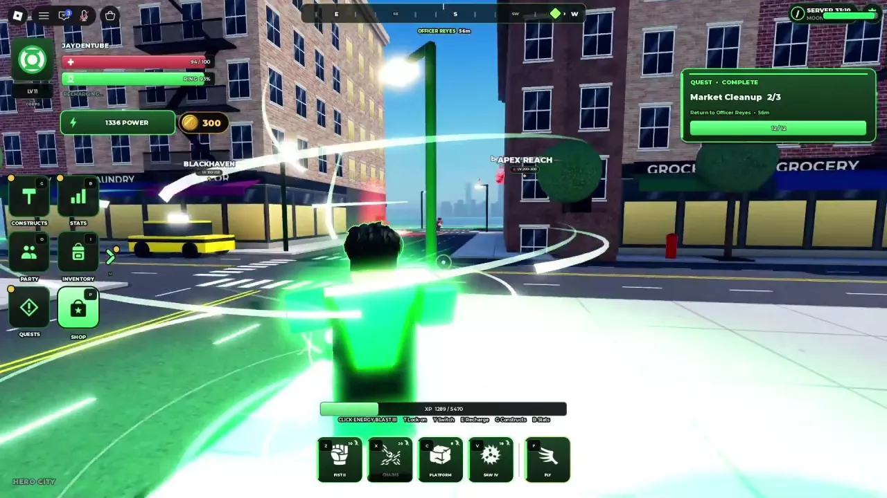 Green Lantern recharging while stationary, with RECHARGING below the RING meter.