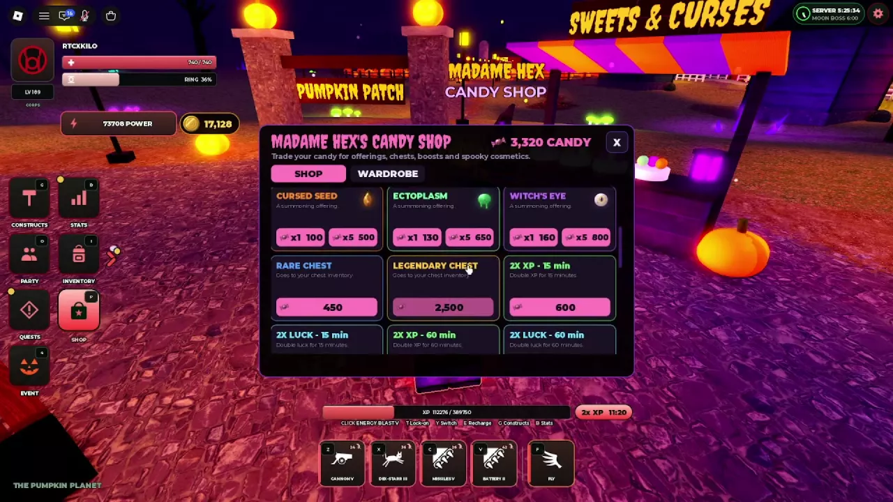 Madame Hex&rsquo;s Candy Shop open at the Sweets & Curses stall, with SHOP and WARDROBE tabs.