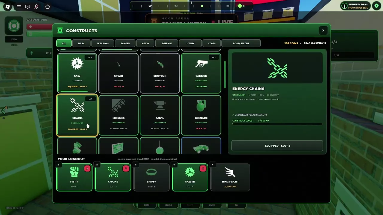 Constructs menu showing Chains equipped in slot 2, red remove buttons, and the separate Ring Flight slot.